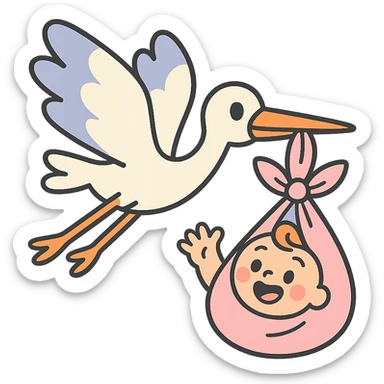 stork flying with a human baby in a bundle, pastel toon style sticker