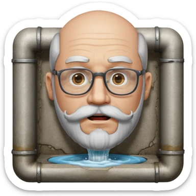 50 year old bearded and moustached white male wearing glasses with an open mouth. His mouth has been cast into a square frame made of concrete connected to a drain pipe. He is proud and thinks his right, while being slightly angry because the joke is on him. sticker