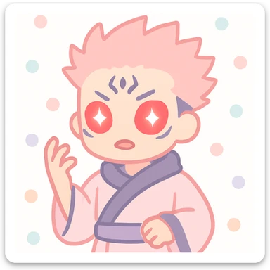 Sukuna in dramatic pose, glowing red eyes, traditional Japanese robe, anime style sticker