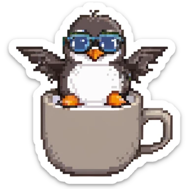 Add sunglasses to the penguin, keep the pixel art style, flying in a hot desert next to a large steaming cup of tea, with no background. sticker