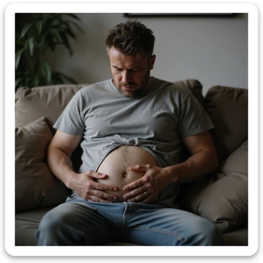 hyperrealistic 4K man sitting on the couch, squeezing his belly with hands and looking at it with disdain sticker