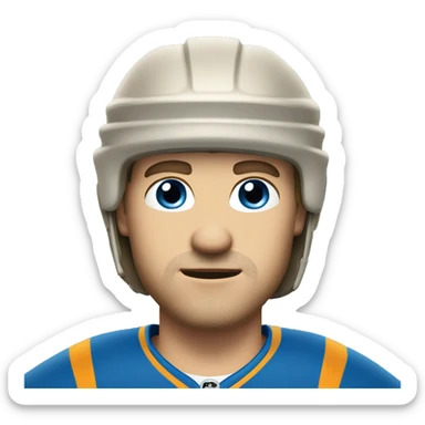 dark blond hair chin length man with long face, hair sticking up, blue eyes, wearing hockey helmet sticker
