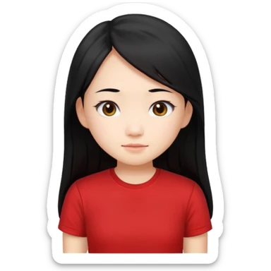 Cute asian girl with long hair and red t shirt and no smile sticker