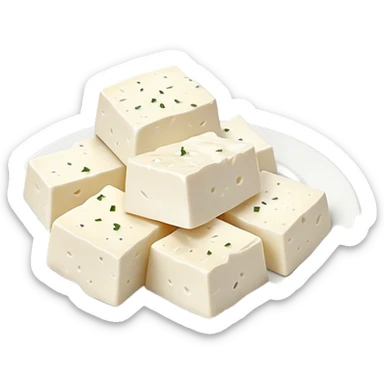 Feta Cheese Cinematic Realistic Feta Cheese Dish Emoji, depicted as slices of tangy, creamy feta cheese served on a plate, rendered with crisp textures and soft, natural lighting. sticker
