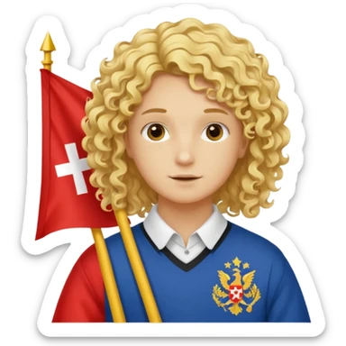 Erstelle mir eine weißen Jungen der locken bat der vor einer bossnien flage steht und dumm aus sieht sticker