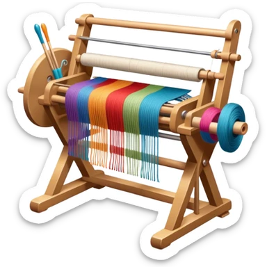 Weaving icon, loom with threads in various colors, visible shuttle, spools of yarn, and weaving tools in progress, fabric being woven, minimalistic style, clean lines, transparent background. sticker