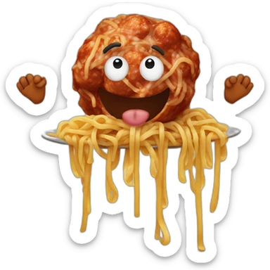 Spaghetti and meatballs with a face, arms and legs, doing something random sticker