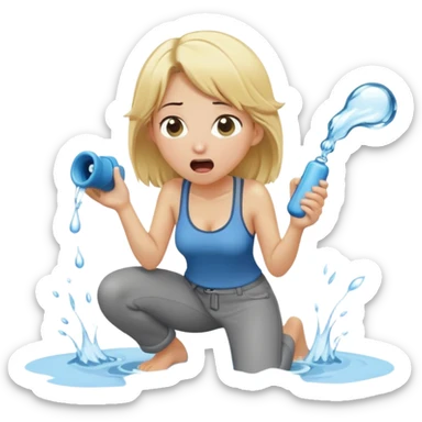 cartoonish blond woman kneeling, surprised expression, wide cartoonish stick with a D-shaped knob coming out of a pair of pants hanging in front of her face, water stream squirting from the flat side of the knob into her open mouth sticker