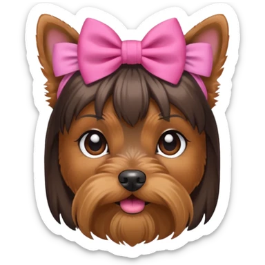 a little dar brown Yorkshire Terrier face with a ponytail on head tied with a bow. sticker