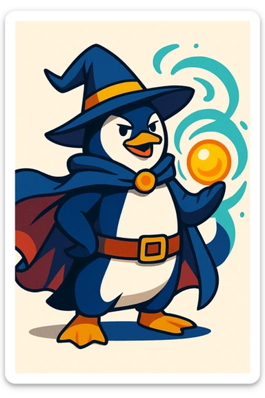 a heroic penguin wizard with a flowing cape, holding a glowing orb, in a fantasy-inspired style sticker