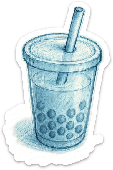 hand-drawn volumetric bubble tea cup with a straw, mostly blue, three-quarter angle, sketchy illustrated, expressive 3D shadows and highlights sticker