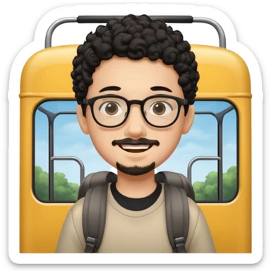 A young boy DEVELOPER WITH A backpack, black curly short hair, wearing glasses, a thin goatee, his skin is white, riding a bus sticker