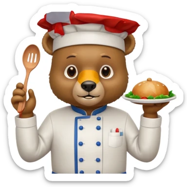 A bear wearing a chef uniform, nervously preparing a dish, portrait sticker