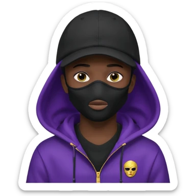 no visible face cartoon blacked character related to a shadow, with all black clothes, focusing a hoodie with his cap on, and a versace face mask covering his entire face, just his purple shadow eyes making a light bloom sticker