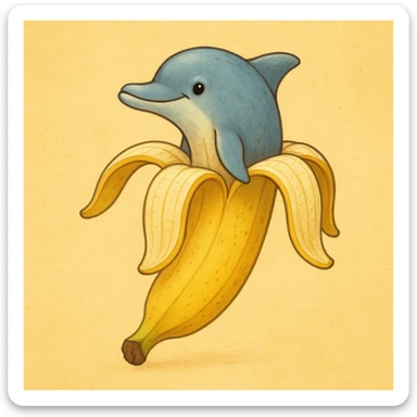 a whimsical and fun dolphin with the body of a banana peel, the upper body of the dolphin serving as the upper part of the peeled banana sticker