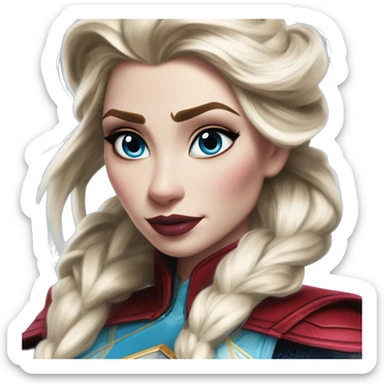 Warcraft award winning Elsa in Marvel Avengers style, oil paint, mysterious eyes, intricate lips, masterpiece pose, odd perspective, beautiful, desirable, logical sticker