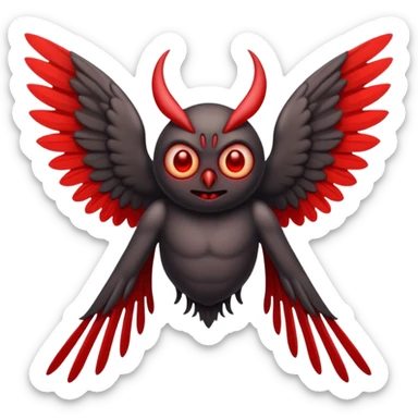 Create a scary emoji of the mothman with bright red eyes and as depicted in the legend. Make it less bird like sticker
