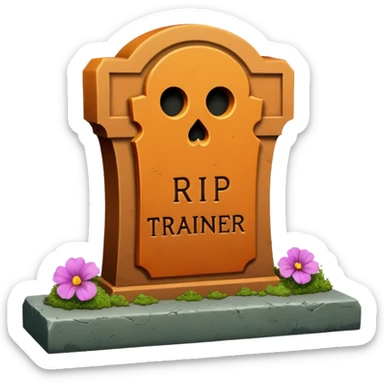 RIP tombstone with label "RIP Auto Trainer" sticker
