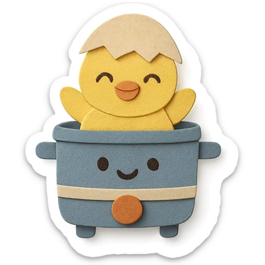 chibi egg cooker with a chick popping out, bright smile, soft yellow palette, full-body sticker