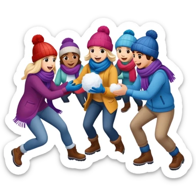 a group of friends having a snowball fight, winter hats and scarves, playful sticker