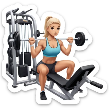 A focused athlete working out on a strength training machine in a modern gym. Muscles engaged, expression determined, demonstrating power and endurance. The gym is filled with equipment like dumbbells, barbells, and mirrors reflecting effort, creating a high-energy atmosphere. sticker