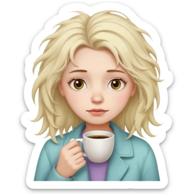 tired woman with dark circles under eyes holding a coffee cup, messy hair, soft pastel emoji style, calm neutral background sticker