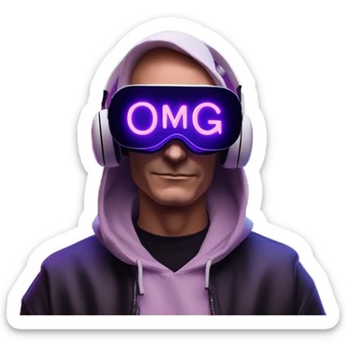 Putin wearing a black hoodie with "OMG" letters on it and VR headset oculus quest 2 in a cyberpunk VR environment with violet neon lighting. sticker