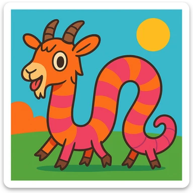 whimsical hybrid of a goat and a worm with a long segmented worm-like body, goat's head, small horns, tiny hooves, playful cartoon style sticker