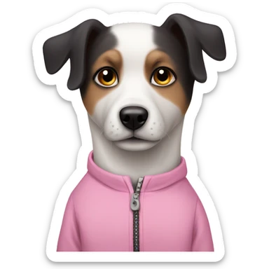 lapdog is a white dog with black ears in a pink jumpsuit sticker