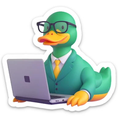 Animated duck wearing glasses, programming Python on a laptop sticker