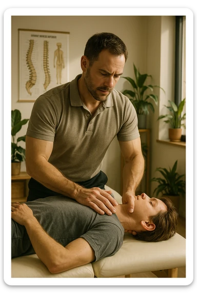 A realistic, cinematic illustration of a professional osteopath in his late 30s, wearing a fitted polo shirt in a neutral color, performing gentle manual manipulations on a patient to improve posture. The osteopath uses precise hand placement along the patient's upper back and cervical spine while the patient lies on a comfortable treatment table in a bright, modern clinic. Anatomical posters showing the spine and posture alignment are on the wall, and the room has warm, natural lighting with plants for a calming atmosphere. The scene emphasizes hands-on osteopathic care to restore body alignment, spinal mobility, and posture, showcasing trust, professionalism, and holistic care sticker
