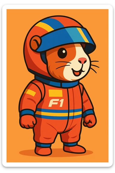 detailed cartoon of a guinea pig in a Formula 1 racing suit and helmet, full body sticker