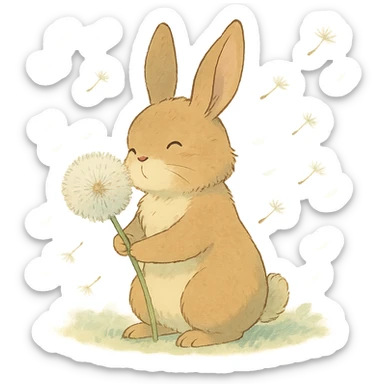 bunny holding a dandelion in the breeze, gentle spring vibe, soft pastel colors, transparent background, ghibli style sticker