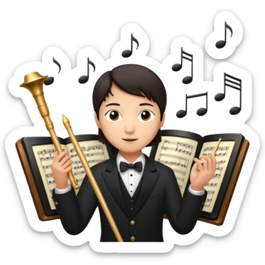 asian Create a sophisticated and elegant emoji that represents orchestration and arrangement. The design should feature a conductor’s baton, musical notes, and a symphonic score, symbolizing the process of arranging and orchestrating music. Incorporate instruments like a violin, trumpet, sticker