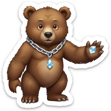 Complete full-length view of serious brown bear standing on four paws, showing entire body from nose to tail, with ice chain around neck sticker