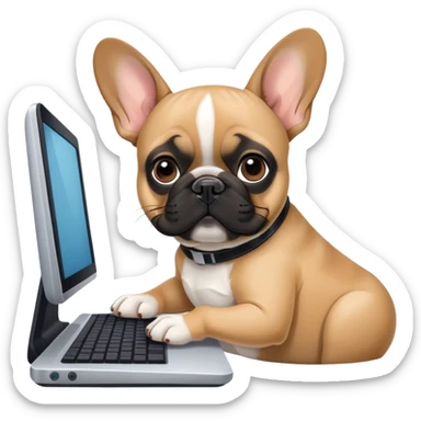 Fawn Frenchie with black muzzle working behind computer sticker