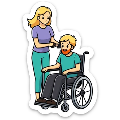Single Boy in wheelchair with a beard with single blonde haired mom pushing sticker