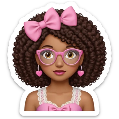 medium kinned afro-latina girl with medium length chocolate brown side part curly hair, small pink bow on the side, with brown glasses, brown eyes, noes piercing, pink and white sweekhart necklined top with lace, round wide-ish nose sticker