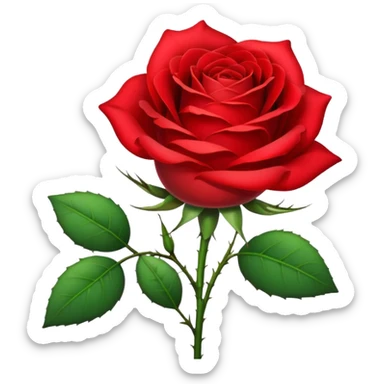 Generate a high-quality image of a single rose flower with stem and leaves, with very small and subtle thorns, realistic color and shading, smooth gradient colors, no human figures, no facial features, no brand markings, simple white background, high-resolution.

 sticker