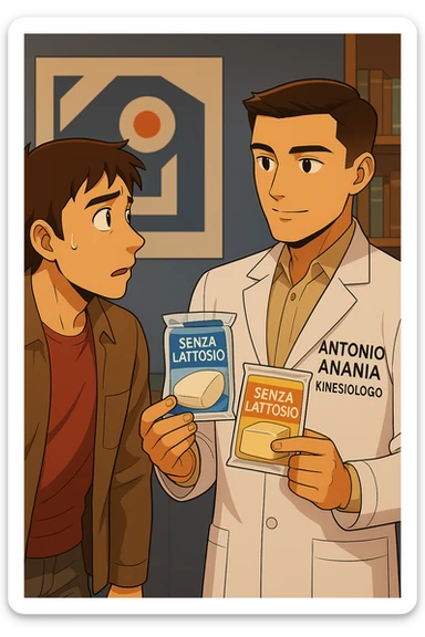 fai un webtoon manga a colori con questo stile, in cui un uomo ASCOLTA Il kinesiologo con il camice bianco (fagli anche la scritta "ANTONIO ANANIA" SUL CAMICE, IL KINESIOLOGO SPIEGA ALL'UOMO UNA MOSTRANDO VARI PRODOTTI DA SUPERMERCATO CONFEZIONATI (TIPO SCATOLA DI LATTE, MOZZARELLE CONFEZIONATE, FORMAGGIO CONFEZIONATO), OGNI CONFEZIONE HA LA SCRITTA "SENZA LATTOSIO SULL'ETICHETTA. L'UOMO OSSERVA IL KINESIOLOGO CON ESPRESSIONE CONFUSA IN VOLTO. non fare i fumetti però, fai solo in modo che sembri stiano parlando sticker