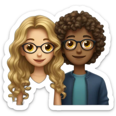 a girl with long wavy hair kissing a boy with glasses and curly hair sticker