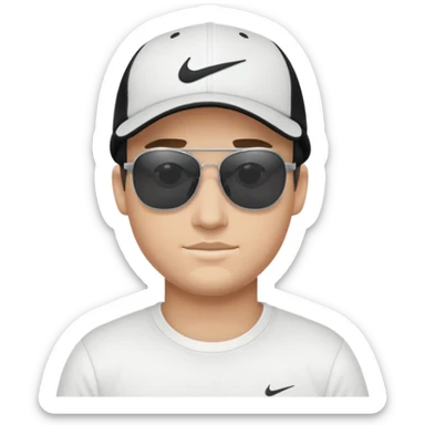 A guy wearing a white Nike shirt, a black Nike cap, and Juliet sunglasses. sticker