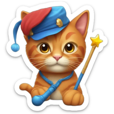 Red cat in a blue cap and with a magic wand sticker