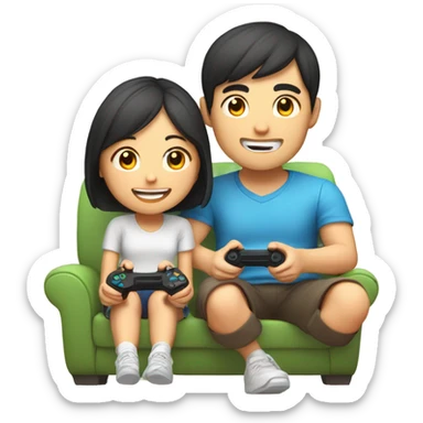 Cute Asian Couple sitting together and having fun playing video games sticker