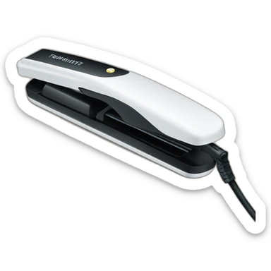 white hair straightener with black cord sticker