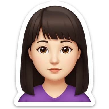 40 yr old woman, long hair down back, very small brown eyes, long hair, straight dark brown hair, bangs, chubby, long face sticker