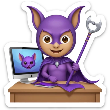 a happy purple bat holding a scythe while sitting in front of her computer sticker