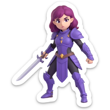 mysterious warrior girl with flowing purple hair, dressed in black armor, in a battle stance, emoji style sticker