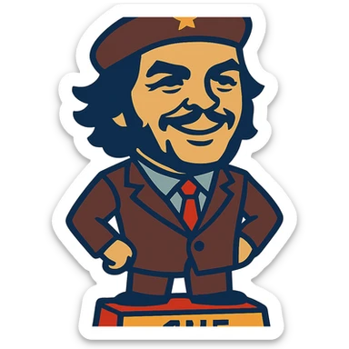 statuette of Che Guevara in a suit and tie, big head, confident smile sticker