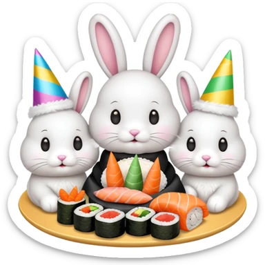 four bunnies together eating sushi at a birthday party, festive, colorful, party hats, birthday decorations sticker